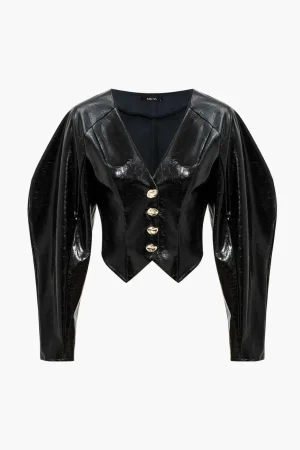 Solid Button Faux Leather Jacket>MICAS Sale