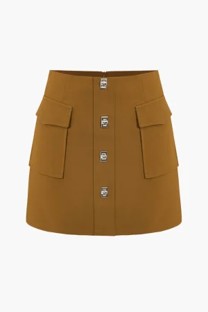Solid Button Metallic Zipper Skirt>MICAS Discount