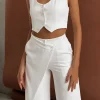 Solid Button Up Crop Vest And Asymmetrical Trouser Set>MICAS Clearance