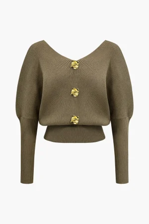 Solid Button V-Neck Sweater Long-Sleeve Top>MICAS Clearance
