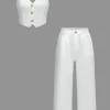 Solid Button V-Neck Top And Trouser Set>MICAS Outlet