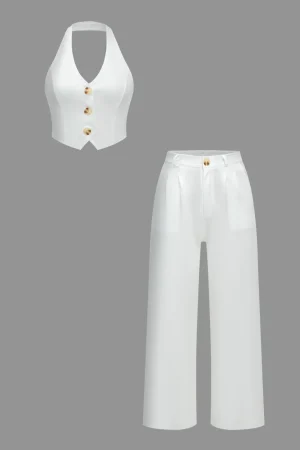 Solid Button V-Neck Top And Trouser Set>MICAS Outlet