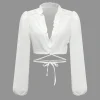 Solid Chiffon Tie Front Crossed Scallop Edge Long-Sleeve Shirt>MICAS Discount