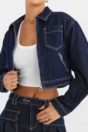Solid Contrast Binding Pocket Zipper Denim Outerwear>MICAS Outlet