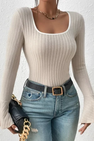 Solid Contrast Binding Square Neck Bell Sleeve Top>MICAS Fashion