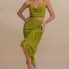 Solid Cowl Neck Top And Fringe Ruched Skirt Set>MICAS Outlet