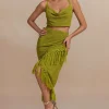 Solid Cowl Neck Top And Fringe Ruched Skirt Set>MICAS Outlet