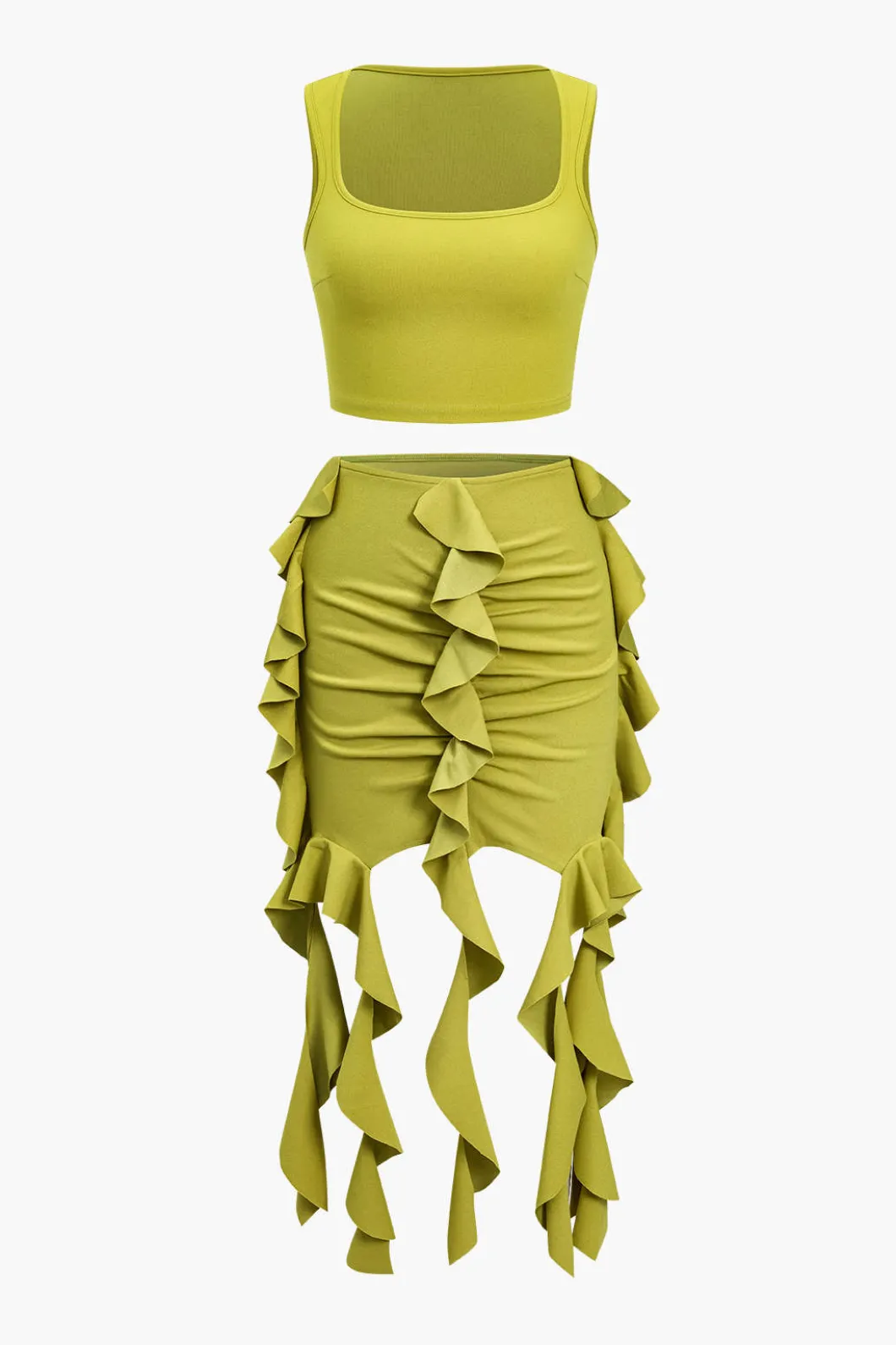 Solid Crop Tank Top And Ruffle Skirt Set>MICAS Discount