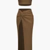 Solid Crop Tank Top And Slit Twist Knot Skirt Set>MICAS Hot