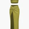 Solid Crop Tank Top And Slit Twist Knot Skirt Set>MICAS Hot