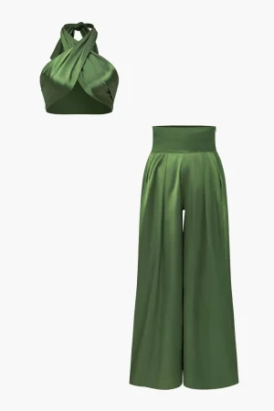 Solid Crossed Backless Top And Wide Leg Trousers Set>MICAS Sale