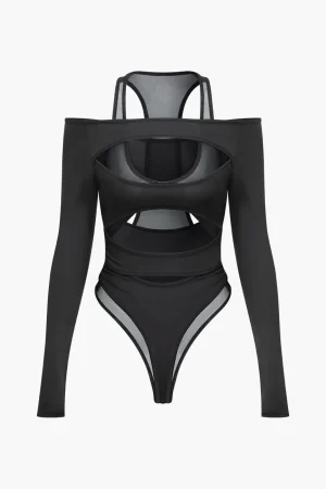 Solid Crossed Cut Out Sheer Bodysuit>MICAS Outlet