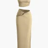 Solid Cut Out Crop Tank Top And Ruched Split Midi Skirt Set>MICAS Best