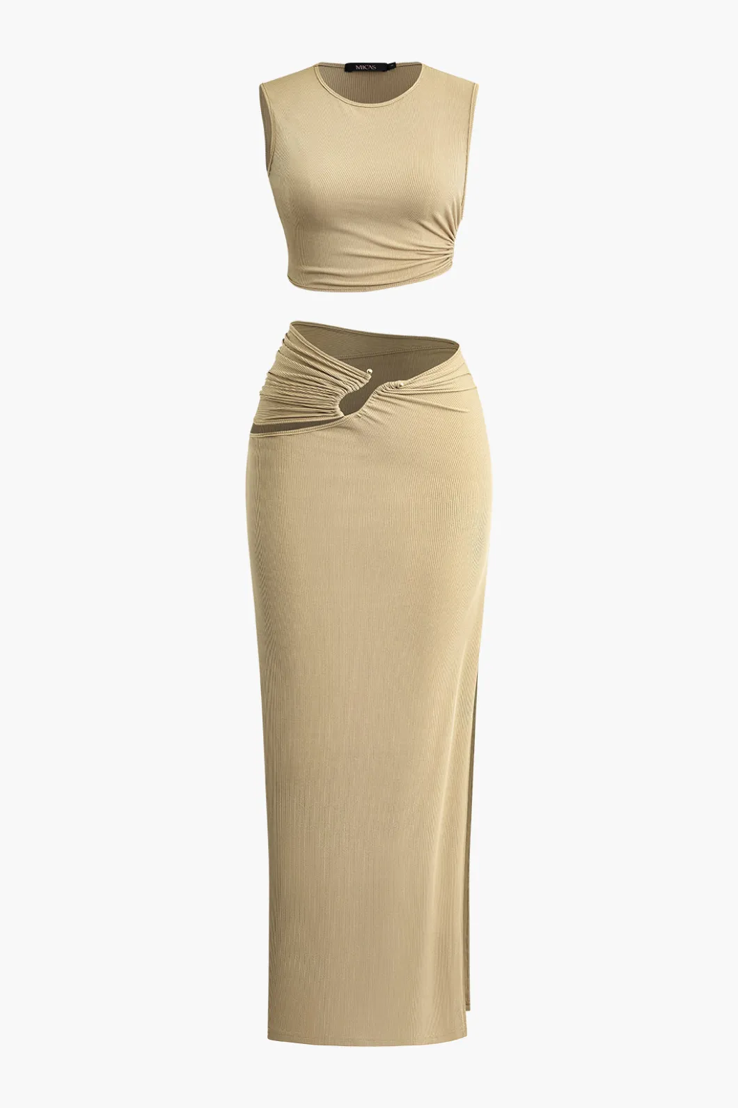 Solid Cut Out Crop Tank Top And Ruched Split Midi Skirt Set>MICAS Best