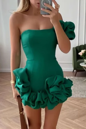 Solid 3D Ruffle Mini Dress>MICAS Fashion