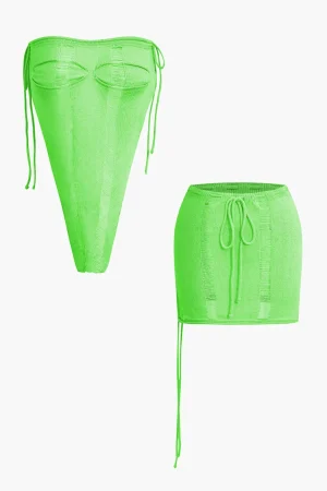 Solid Distressed Ladder Knit Tube Top And Tie Front Mini Skirt Set>MICAS Best