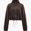 Solid Drawstring Mock Neck Zipper Jacket>MICAS New