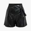 Solid Faux Leather Asymmetrical Zipper Shorts>MICAS Online
