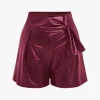 Solid Faux Leather Asymmetrical Zipper Shorts>MICAS Online