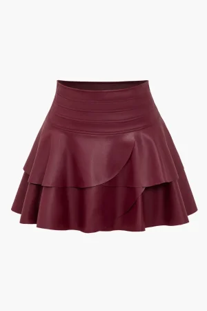 Solid Faux Leather Asymmetrical Layer Skirt>MICAS Outlet