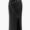 Solid Faux Leather Button Asymmetrical Skirt>MICAS Best
