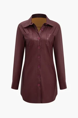 Solid Faux Leather Button Long Sleeve Mini Dress>MICAS New