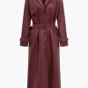 Solid Faux Leather Button Pocket Belted Coat>MICAS Fashion