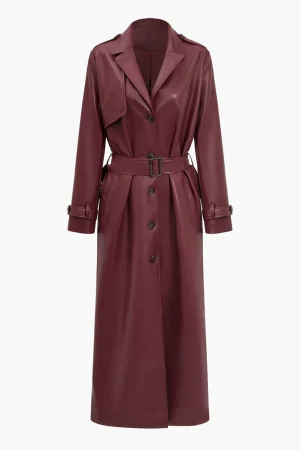 Solid Faux Leather Button Pocket Belted Coat>MICAS Fashion