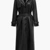 Solid Faux Leather Button Pocket Belted Coat>MICAS Fashion