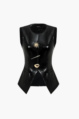 Solid Faux Leather Button Vest>MICAS Clearance