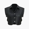 Solid Faux Leather Button Pocket Vest>MICAS Sale