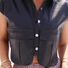 Solid Faux Leather Button Pocket Vest>MICAS Sale