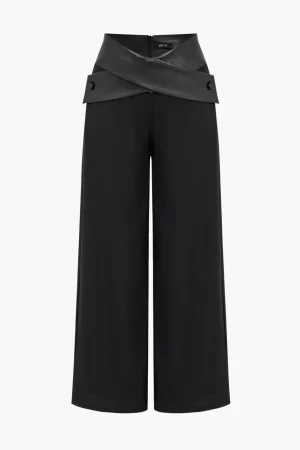 Solid Faux Leather Patchwork High Waist Crossed Pocket Trousers>MICAS Discount