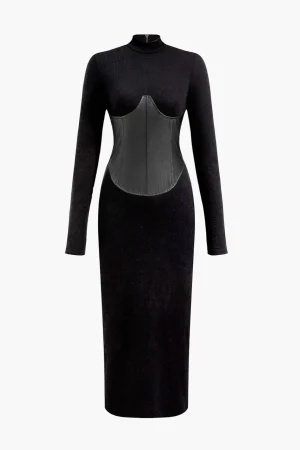 Solid Faux Leather Patchwork Midi Dress>MICAS Clearance