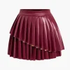 Solid Faux Leather Pleated Asymmetrical Skirt>MICAS Online