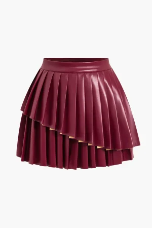 Solid Faux Leather Pleated Asymmetrical Skirt>MICAS Online