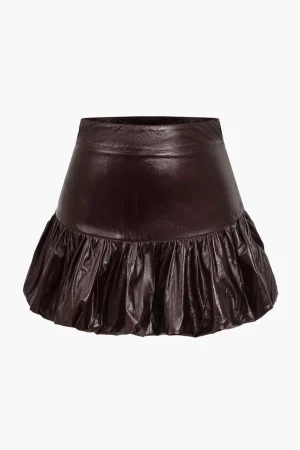 Solid Faux Leather Ruched Skirt>MICAS Clearance