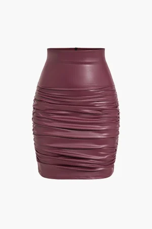 Solid Faux Leather Ruched Skirt>MICAS Best