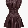 Solid Faux Leather Ruched Mini Dress>MICAS Sale