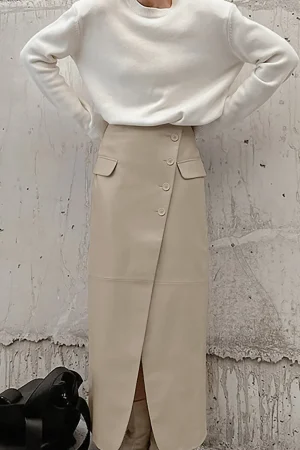 Solid Faux Leather Slit Button Fake Pockets Skirt>MICAS Clearance