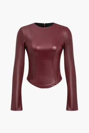 Solid Faux Leather Zipper Detail Long-Sleeve Shirt>MICAS Online