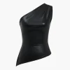 Solid Faux Leather Zipper Asymmetrical Tank Top>MICAS Online
