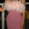 Solid Feather Strapless Mini Dress>MICAS Hot