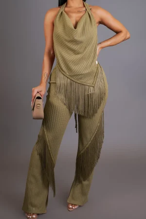Solid Fringe Backless Asymmetrical Trouser Set>MICAS Clearance
