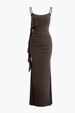 Solid Fringe Backless Slip Slit Maxi Dress>MICAS Online