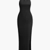 Solid Halter Backless Slit Sleeveless Maxi Dress>MICAS Online