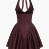 Solid Halter V-neck Ruched Mini Dress>MICAS Best