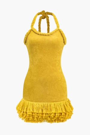 Solid Hand-Woven Fringe Mini Dress>MICAS Hot