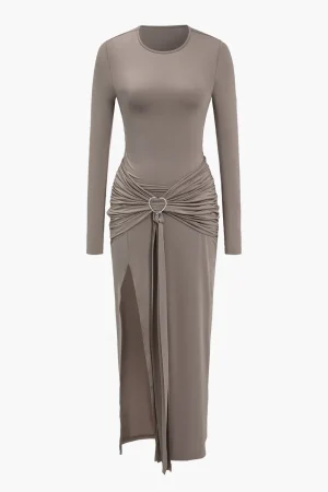 Solid Heart-Shaped Irregular Slit Long Sleeve Midi Dress>MICAS Discount