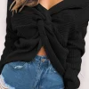 Solid Knit Backless V-Neck Twist Knot Long-Sleeve Top>MICAS New